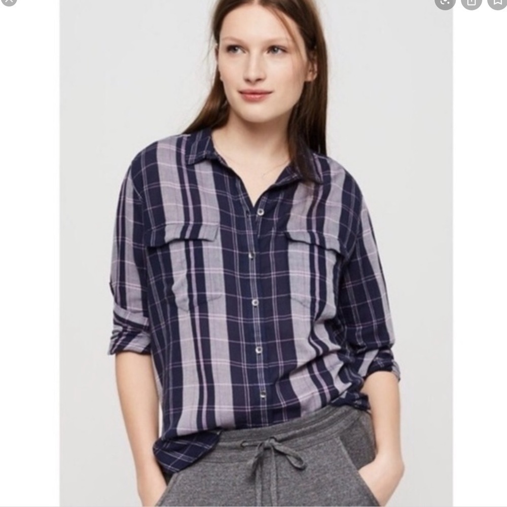 LOU & GREY PLAIDS BUTTON FRONT BOYFRIEND TUNIC 171